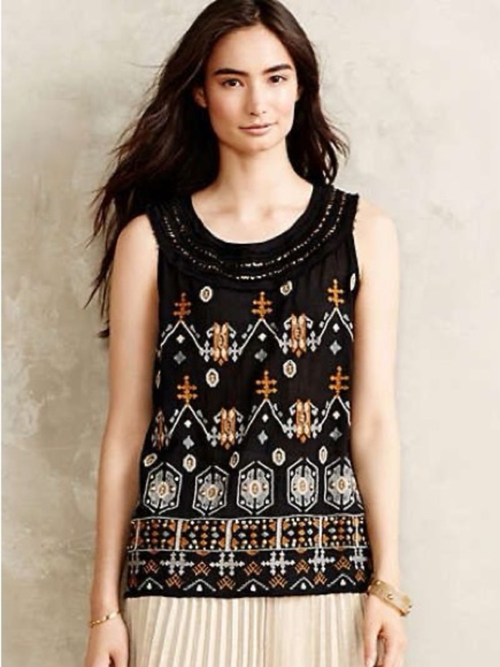 Anthropologie Black Embroidered Sleeveless Camisole with Gold and Cream Motifs